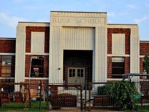 Original Rusk Elementary School Facade at Bralys Ace Hardware